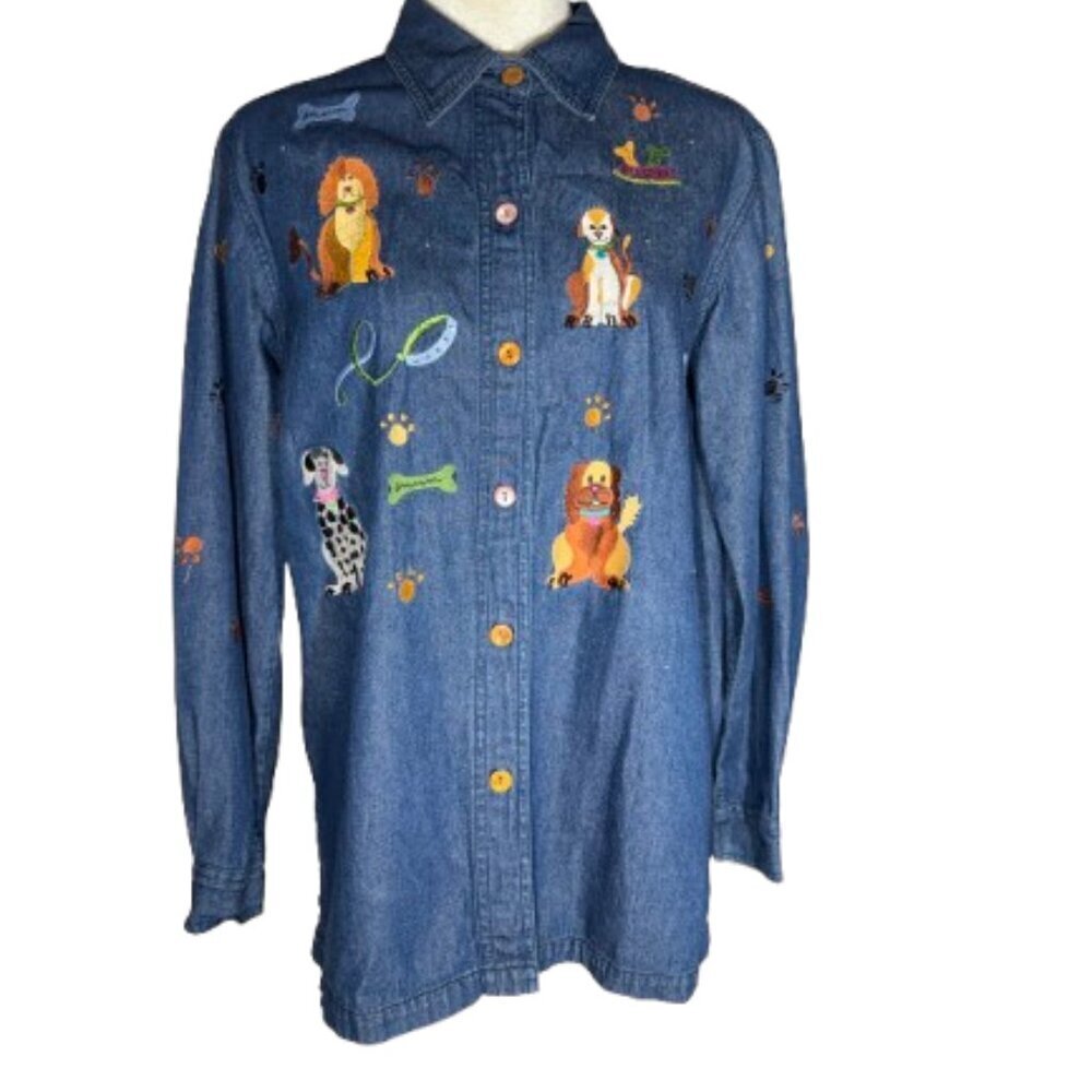 The Quacker Factory Long Sleeve Button Down Denim Shirt Embroidered Dogs Small